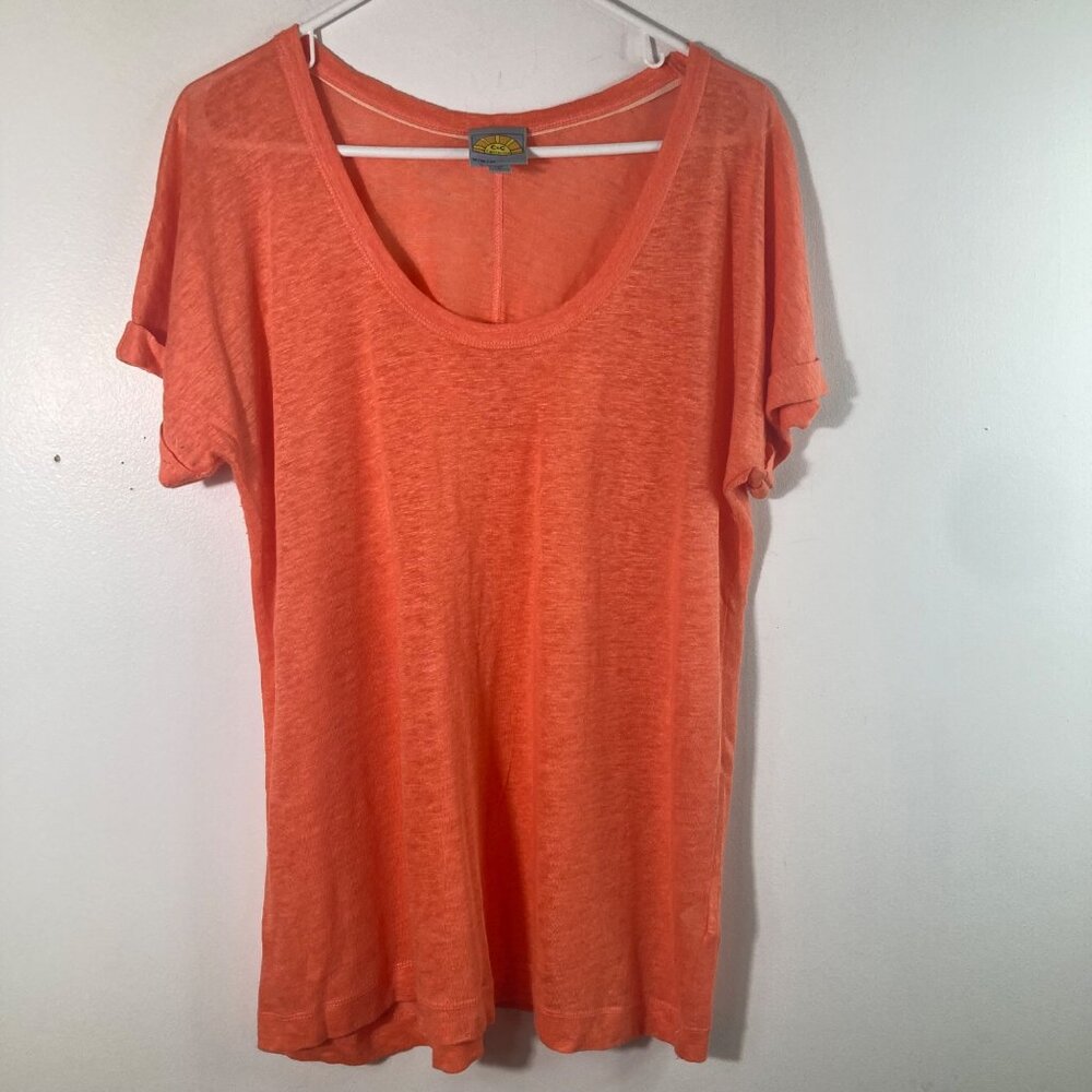 Womens C & C California Round‎ Neck Linen Tee Shirt Short Sleeve Orange M